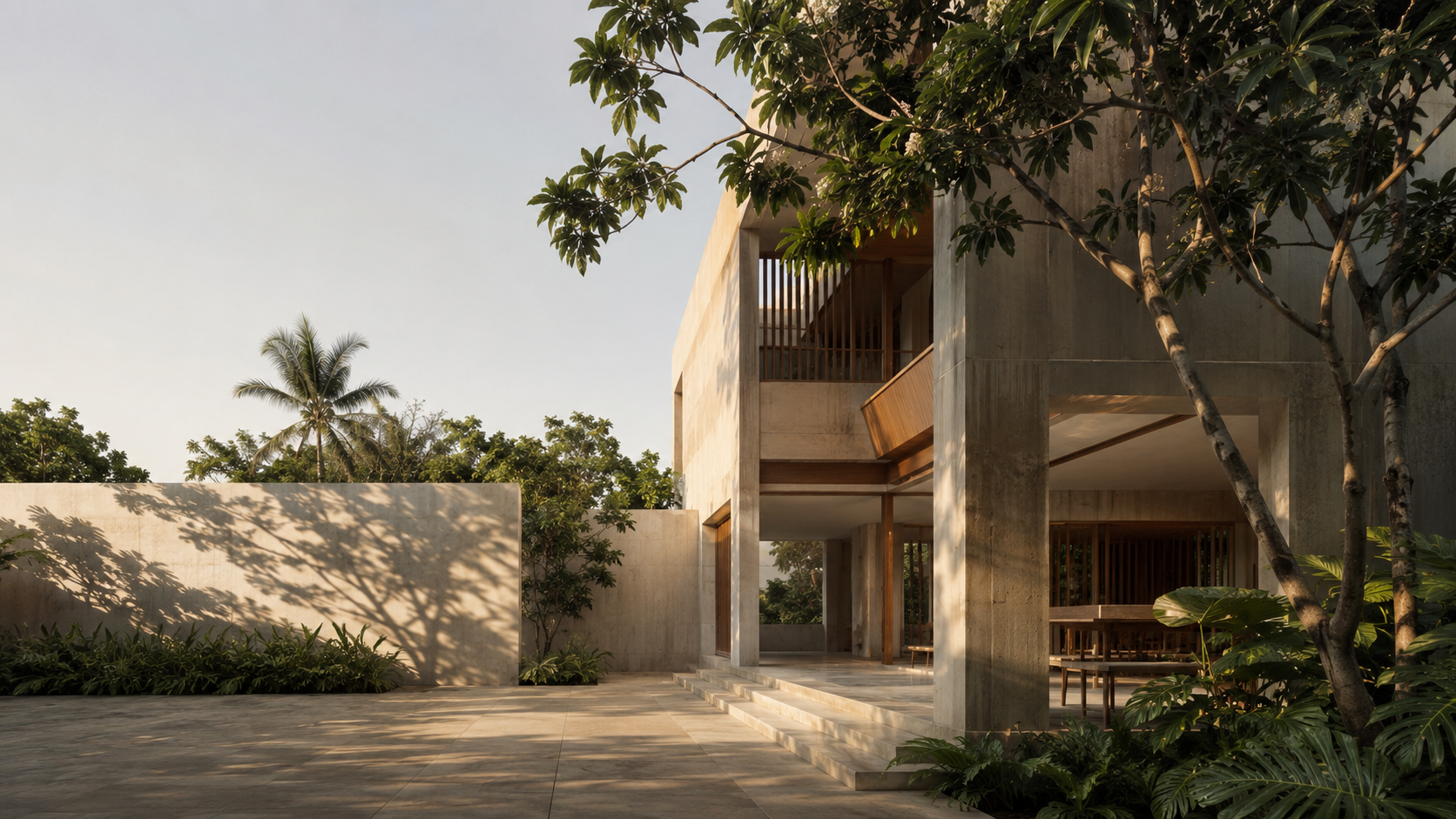 Contemporary concrete residence surrounded by greenery