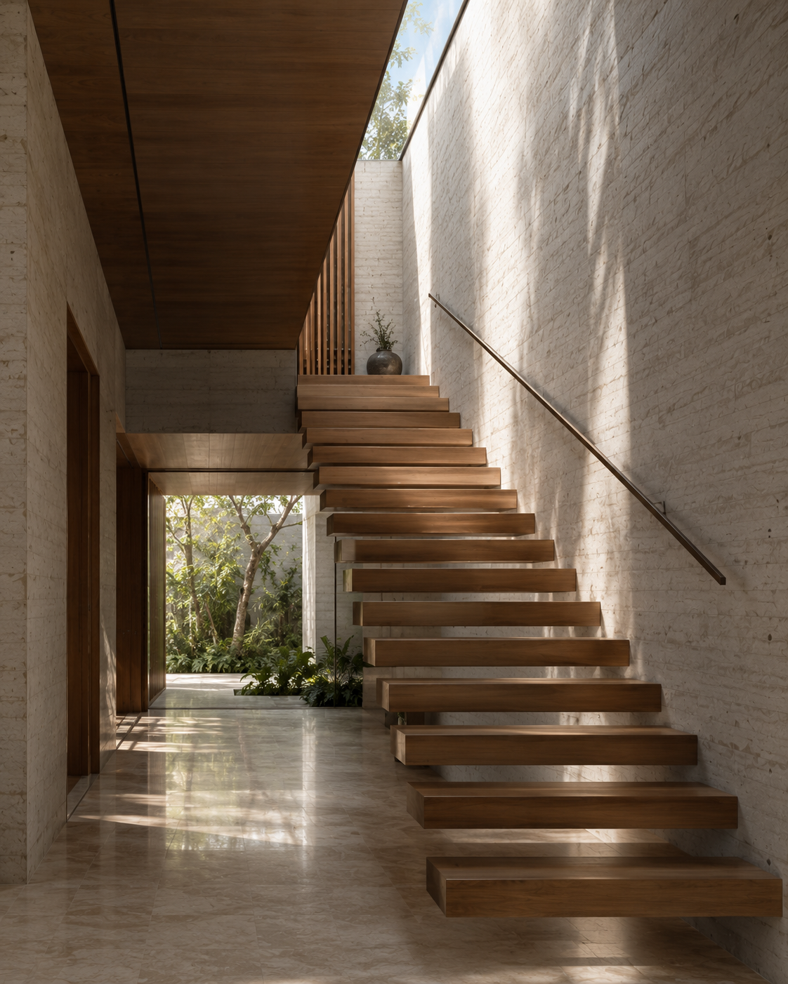 Minimal dining area framed by architectural openings