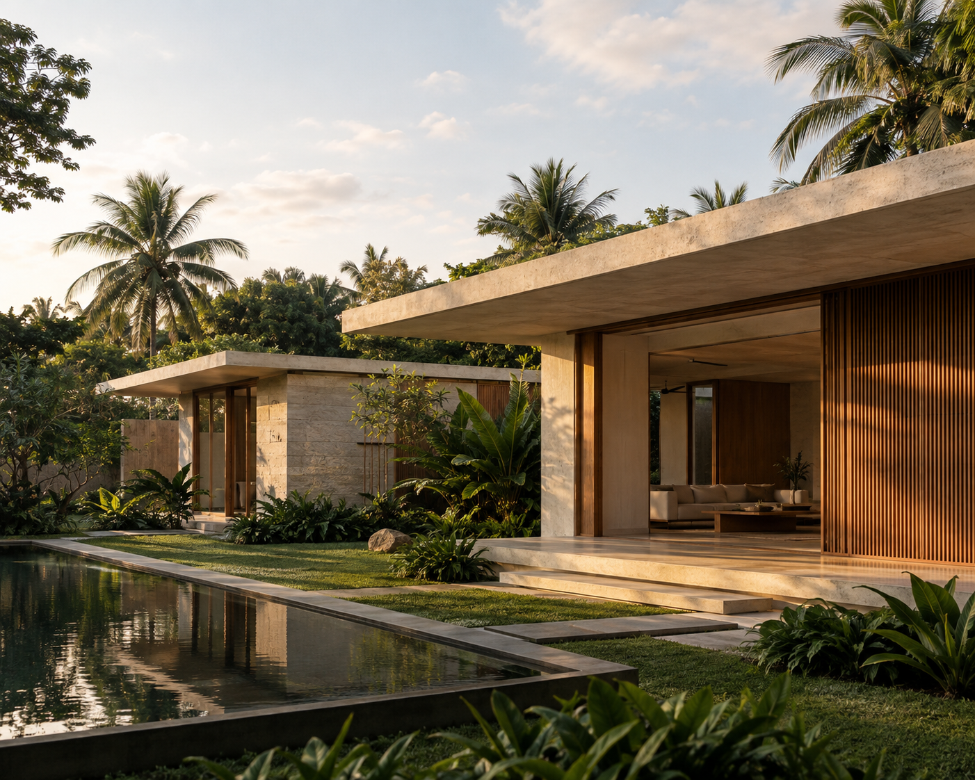 Lumen House, a contemporary tropical residence with limestone, concrete and timber surrounded by a landscaped garden